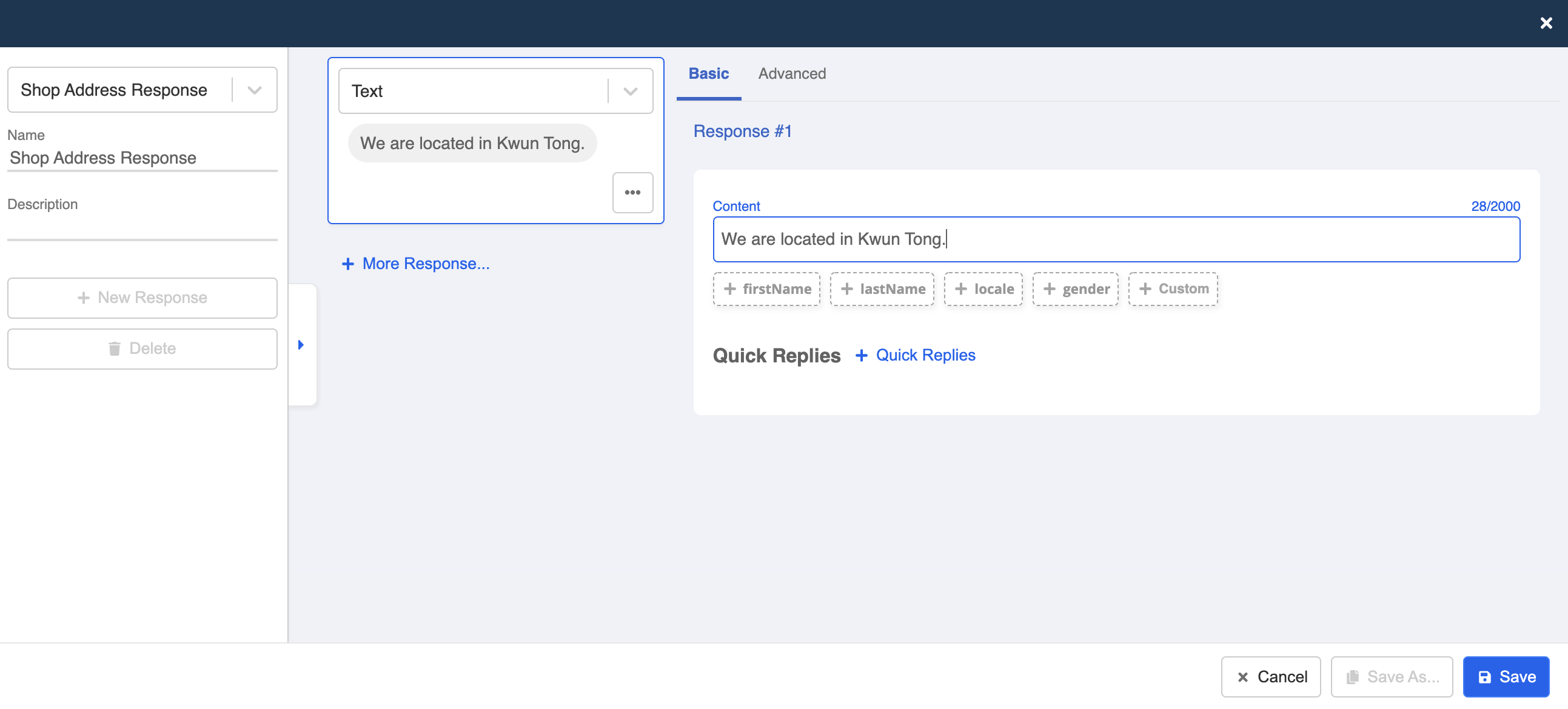Create Shop Address text response